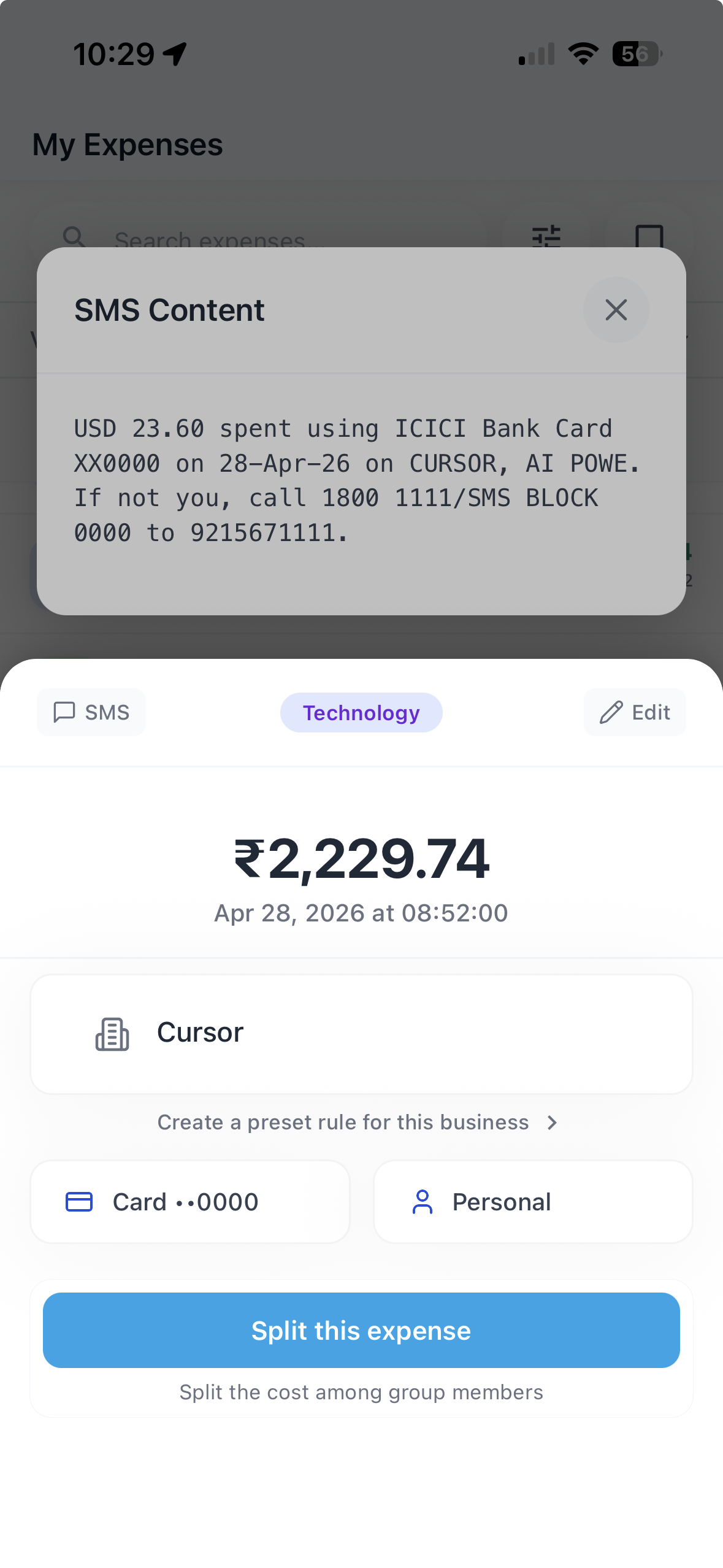 Multi-currency expense converted to INR