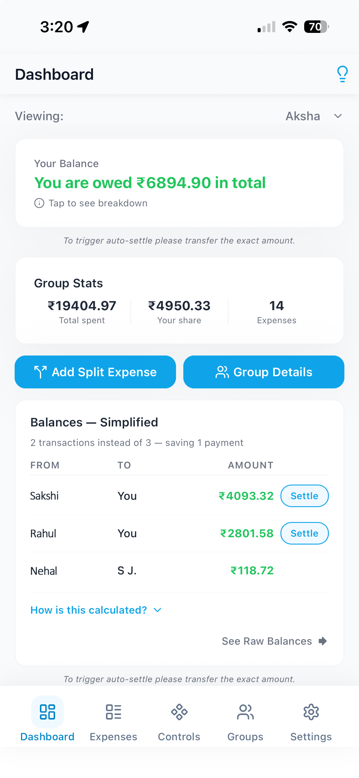 Splitting group with settle-up calculation