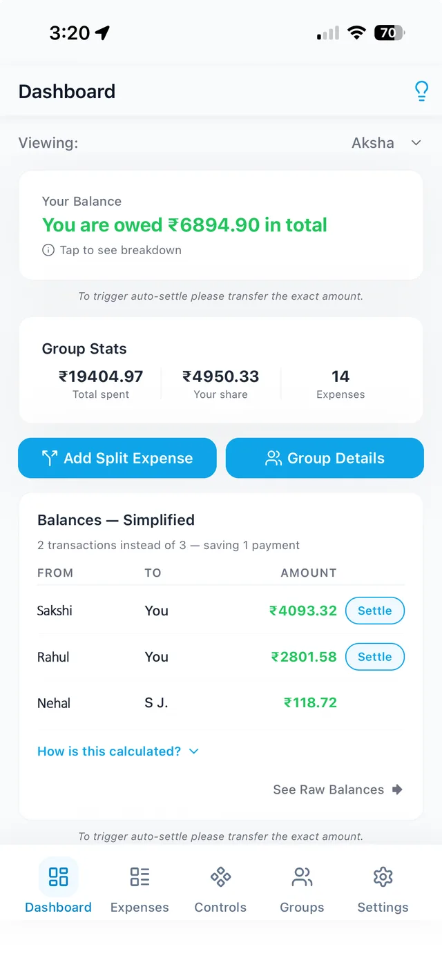 Splitting group with settle-up calculation